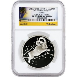 2015 $5 Tokelau Creatures Of Myth & Legend Aries 1 oz .999 Silver NGC PF70 UC ER