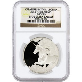 2014 $5 Tokelau Creatures Of Myth & Legend Unicorn 1 oz .999 Silver NGC PF70 UC