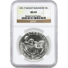 1991 P $1 Mount Rushmore Golden Anniversary Commemorative Silver Dollar NGC MS69