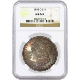 1885 O $1 Morgan Silver Dollar NGC MS64+ Brilliant Uncirculated Rainbow Toned 