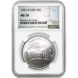 1991 D $1 USO Commemorative Silver Dollar NGC MS70