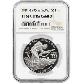 1991-1995 W $1 WWII 50th Anniversary Commemorative Silver Dollar NGC PF69 UC