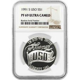 1991 S $1 Proof USO Commemorative Silver Dollar NGC PF69 Ultra Cameo