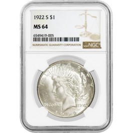 1922 S $1 Silver Peace Dollar NGC MS64 Brilliant Uncirculated Key Date Coin