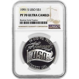 1991 S $1 Proof USO Commemorative Silver Dollar NGC PF70 Ultra Cameo
