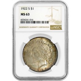 1922 S $1 Silver Peace Dollar NGC MS63 Uncirculated Coin Toned