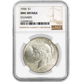 1934 $1 Silver Peace Dollar NGC UNC Details Cleaned Uncirculated Key Date Coin