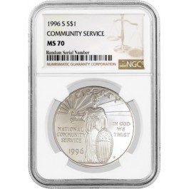 1996 S $1 National Community Service Commemorative Silver Dollar NGC MS70