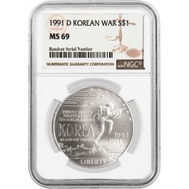 1991 D $1 Korean War Memorial Commemorative Silver Dollar NGC MS69