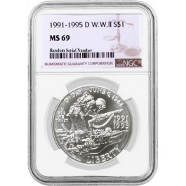 1991-1995 D $1 World War 2 WWII Commemorative Silver Dollar NGC MS69