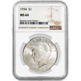 1934 $1 Silver Peace Dollar NGC MS64