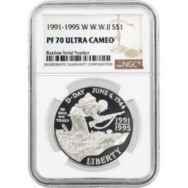 1991-1995 W $1 WWII 50th Anniversary Commemorative Silver Dollar NGC PF70 UC