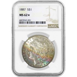 1887 $1 Morgan Silver Dollar NGC MS62 Star Cyan Greenie Toned Uncirculated Coin
