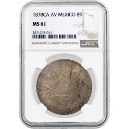 1878 CA AV 8 Reales Silver Chihuahua Mexico NGC MS61 Uncirculated Coin 