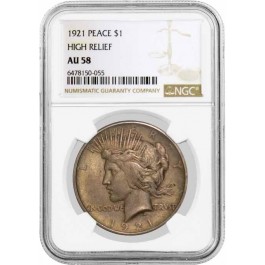 1921 High Relief $1 Silver Peace Dollar NGC AU58 About Uncirculated Key Date #55