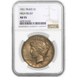 1921 High Relief $1 Silver Peace Dollar NGC AU55 About Uncirculated Key Date