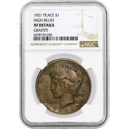 1921 High Relief $1 Silver Peace Dollar NGC XF Details Graffiti Key Date Coin