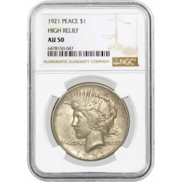 1921 High Relief $1 Silver Peace Dollar NGC AU50 About Uncirculated Key Date #47