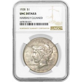 1928 $1 Silver Peace Dollar NGC UNC Details Harshly Cleaned Key Date Coin
