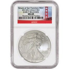 2013 (S) $1 Silver American Eagle NGC MS69 ER Golden Gate Bridge Label
