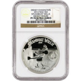 2014 $2 Niue Proof Mickey Mouse Steamboat Willie 1 oz .999 Silver NGC PF70 UC