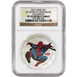 2013 $2 Niue Proof 50 Years Of Spiderman Colorized 1 oz .999 Silver NGC PF70 UC