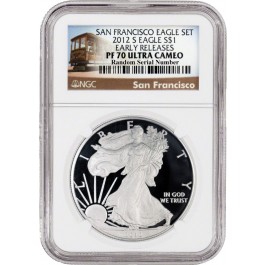 2012 S $1 1 oz Proof Silver American Eagle NGC PF70 Ultra Cameo ER Trolley Label