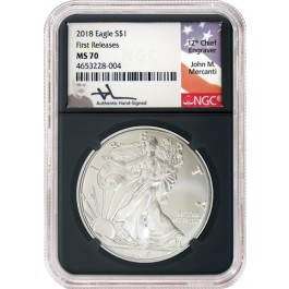 2018 $1 1 oz Silver American Eagle NGC MS70 FDOI John M Mercanti Label Retro