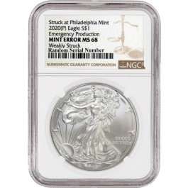 2020 (P) $1 Silver American Eagle MINT ERROR Weakly Struck NGC MS68 Emergency Production 