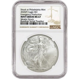 2020 (P) $1 Silver American Eagle MINT ERROR Weakly Struck NGC MS67 Emergency Production 