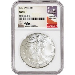 2002 $1 1 oz Silver American Eagle NGC MS70 John M Mercanti Signature Label