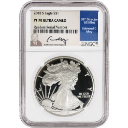 2018 S $1 Proof Silver American Eagle NGC PF70 UC Edmund C. Moy Signature Label