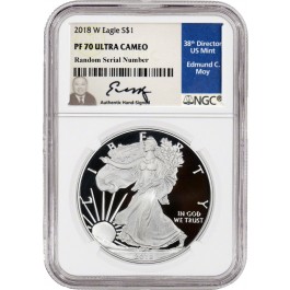 2018 W $1 1 oz Proof Silver American Eagle NGC PF70 UC Edmund C. Moy Signature Label