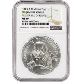 1993 P Benjamin Franklin Fire Service Bill Of Rights 1 oz Silver Medal NGC MS70
