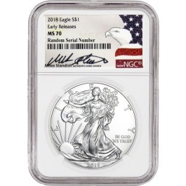 2018 $1 1 oz Silver American Eagle NGC MS70 Early Releases Miles Standish Label