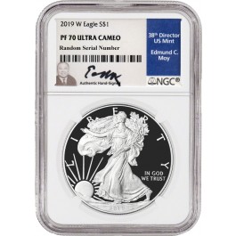2019 W $1 1oz Proof Silver American Eagle NGC PF70 UC Edmund C. Moy Signed Label
