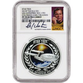 2015 P $1 Tuvalu Star Trek USS Enterprise 1 oz Silver NGC PF70 UC Shatner Signed