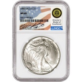 1986 $1 1 oz .999 Fine Silver American Eagle NGC MS69 Uncirculated Miles Standish Signed Label