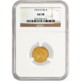 1914 D $2.50 Indian Head Quarter Eagle Gold NGC AU58 About Uncirculated Coin