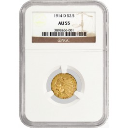 1914 D $2.50 Indian Head Quarter Eagle Gold NGC AU55 About Uncirculated Coin