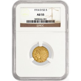 1914 D $2.50 Indian Head Quarter Eagle Gold NGC AU55 About Uncirculated Coin