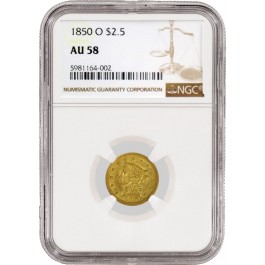 1850 O $2.50 Liberty Head Quarter Eagle Gold NGC AU58 About Uncirculated Coin