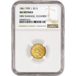 1861 $2.50 Liberty Head Quarter Eagle Gold 1861/1861 RPD Type 2 NGC AU Details 