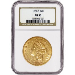 1858 S $20 Liberty Head Double Eagle Gold NGC AU53 About Uncirculated Coin