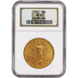 1922 $20 St Gaudens Double Eagle Gold NGC MS62 Uncirculated Coin