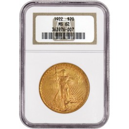 1922 $20 St Gaudens Double Eagle Gold NGC MS62 Uncirculated Coin
