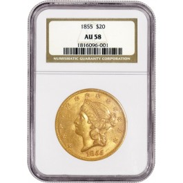 1855 $20 Liberty Head Double Eagle Gold NGC AU58 About Uncirculated Coin