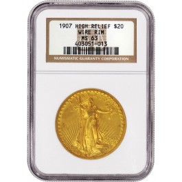 1907 High Relief Wire Rim $20 St Gaudens Double Eagle Gold NGC MS63