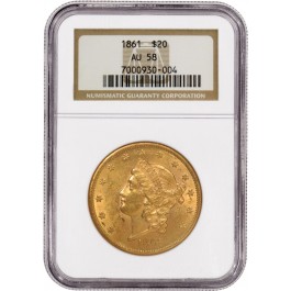 1861 $20 Liberty Head Double Eagle Gold NGC AU58 About Uncirculated Coin