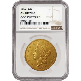 1852 $20 Liberty Head Double Eagle Gold NGC AU Details